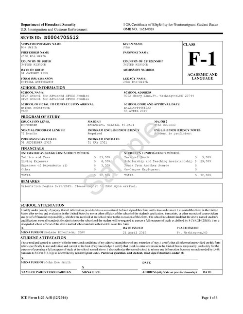 F1 學生簽證 I-20 申請流程範例表格:顯示 SEVIS 編號、學校代碼、預計就讀期間及資金證明對應欄位